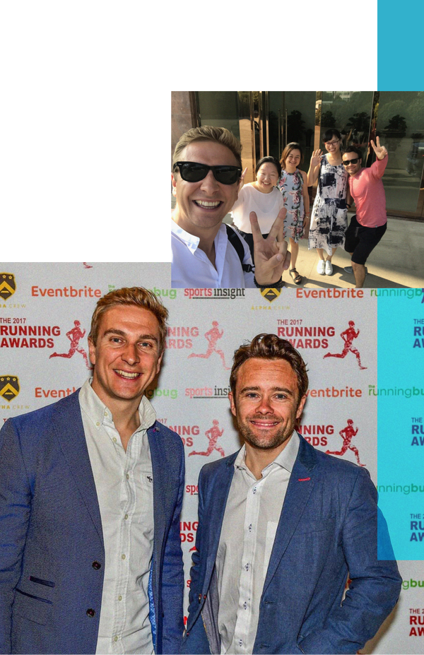A two picture collage, the top image is of 5 people posing with their hands up for the camera, the second is of two men posing at the running awards
